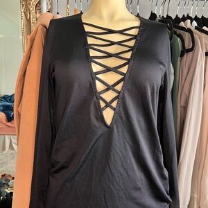 H&M Black Long-Sleeve Lace-Up V-Neck Top